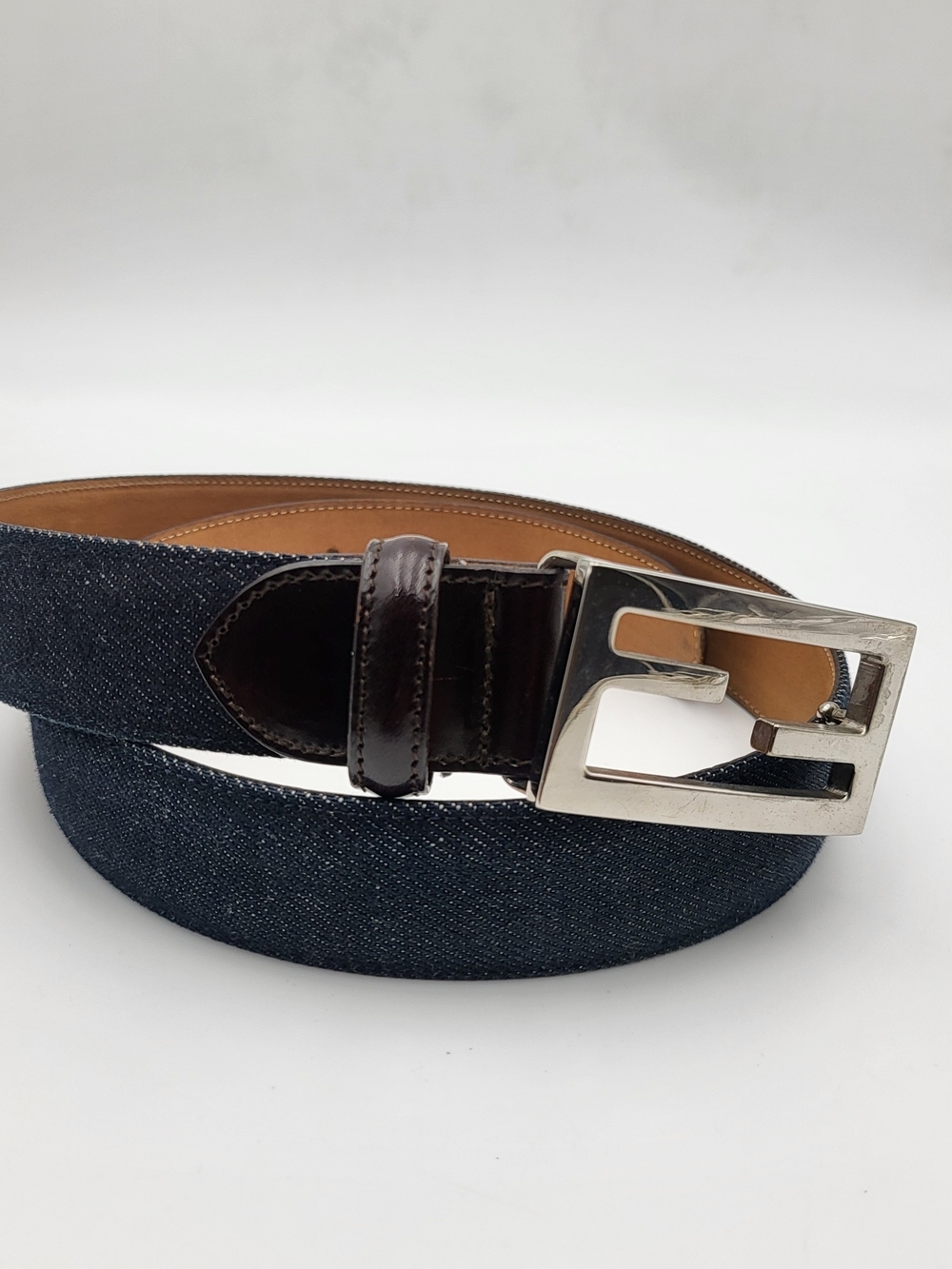 Fendi Dark Denim and Brown Leather Belt with Silver Buckle..Authentic